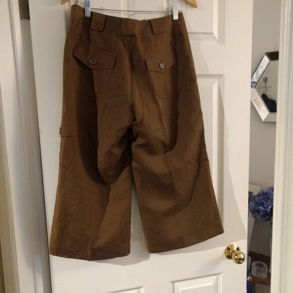 Brown Linen Blend Lined Crop Wide Leg Pants - Picture 4 of 5